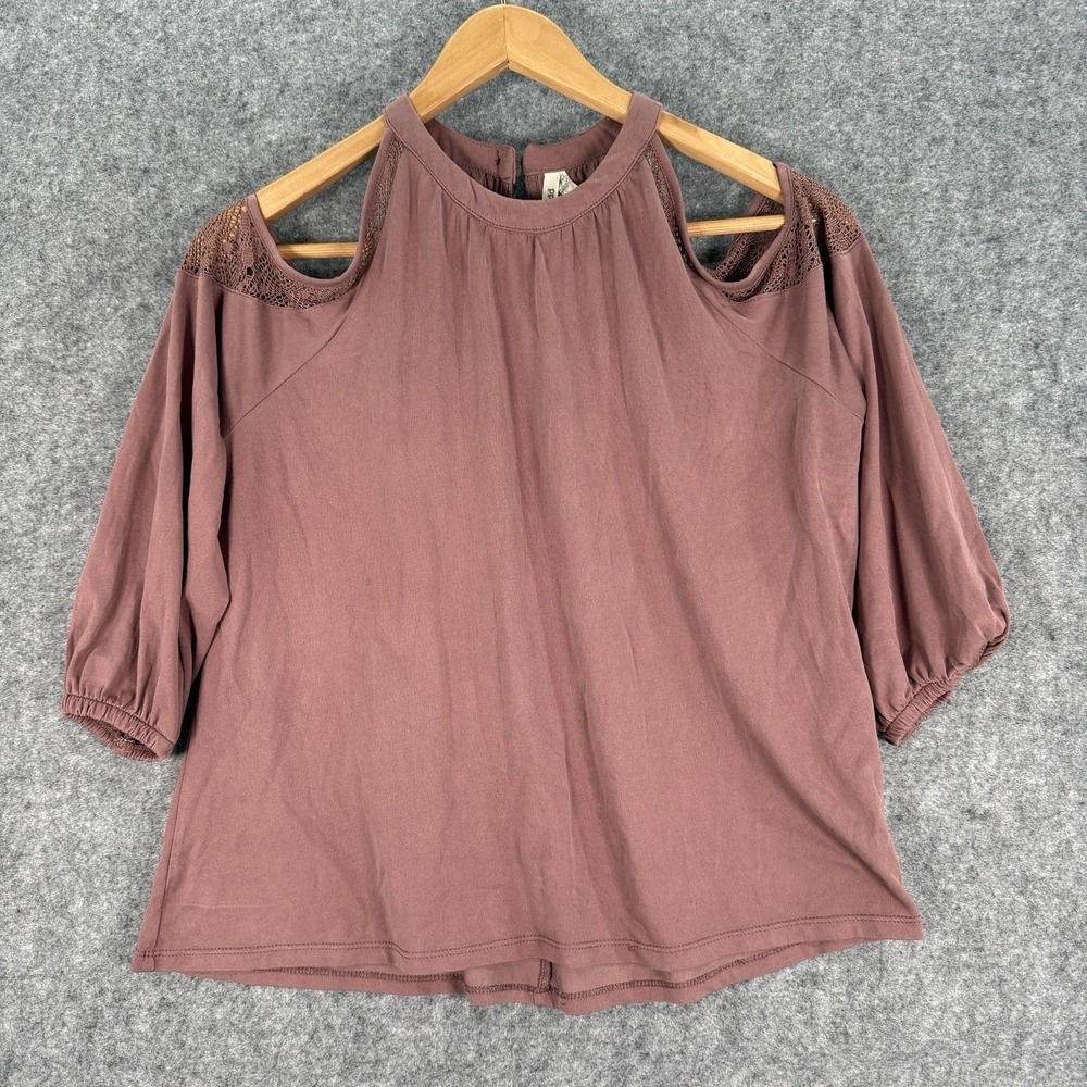 Mudd Shirt Womens Large Cold Shoulder Mauve Blouse Y2K Long Sleeve Flowy Relaxed - Picture 2 of 14